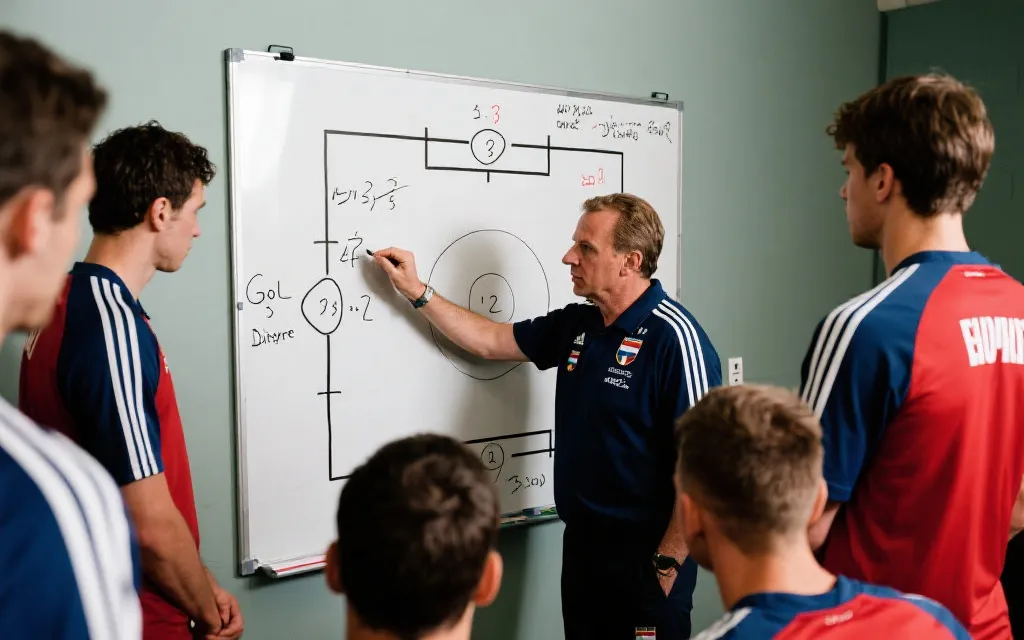 教练在战术板上画出积分与净胜球对比，球员围在旁边讨论